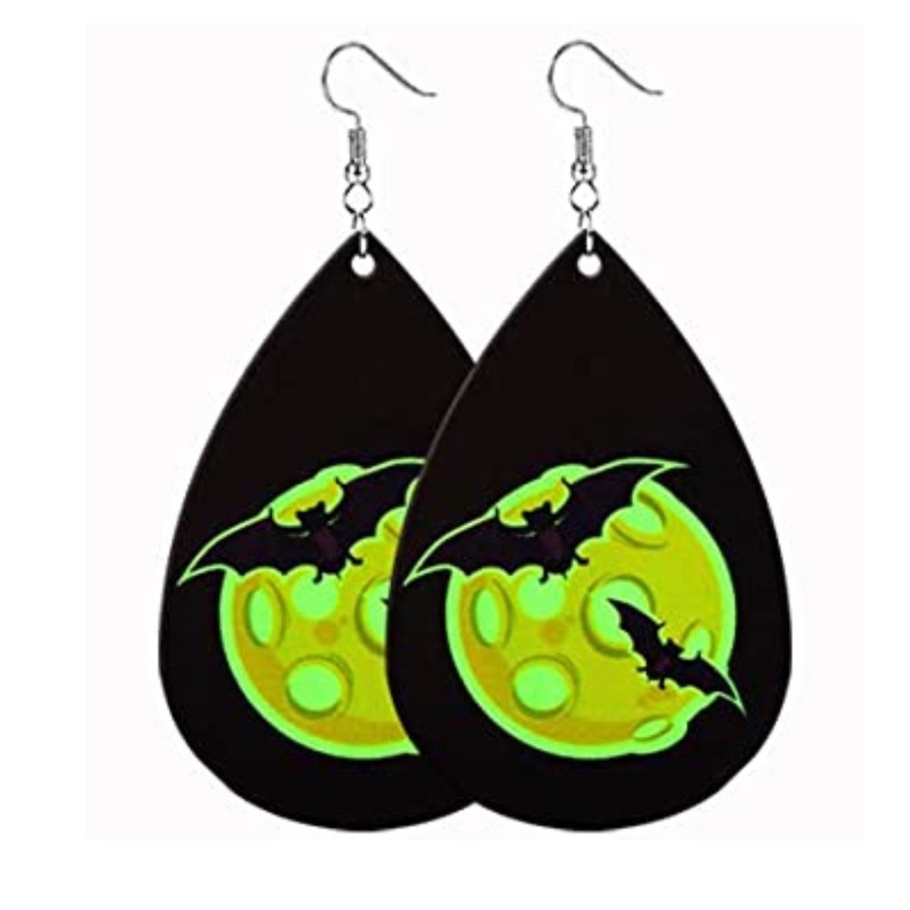 HALLOWEEN BAT & MOON FAUX LEATHER TEAR DROP EARRINGS